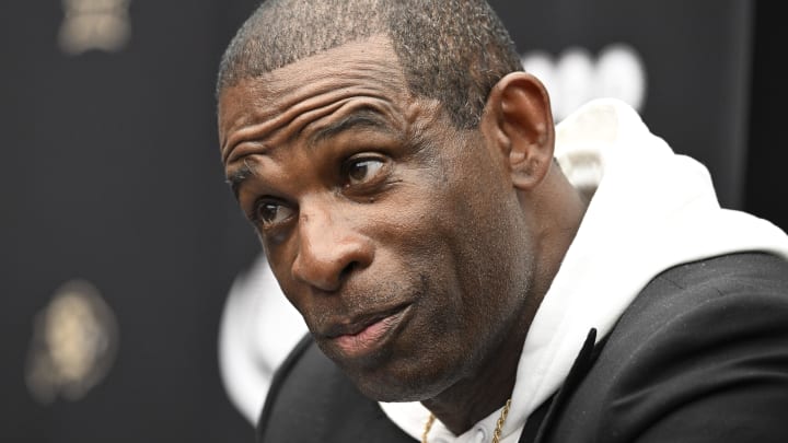 Jul 10, 2024; Las Vegas, NV, USA; Colorado Buffaloes head coach Deion Sanders speaks to the media during the Big 12 Media Days at Allegiant Stadium. Mandatory Credit: Candice Ward-USA TODAY Sports