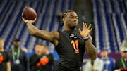Alabama quarterback Jalen Milroe (QB11) during the 2025 NFL Combine at Lucas Oil Stadium. 