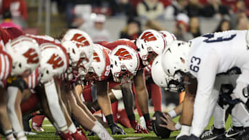 Oct 26, 2024; Madison, Wisconsin, USA;  The Penn State Nittany Lions line up for a play during the game against the Wisconsin Badgers at Camp Randall Stadium. Mandatory Credit: Jeff Hanisch-Imagn Images