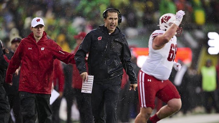 Oct 25, 2025; Eugene, Oregon, USA; Wisconsin Badgers head coach Luke Fickell instructs players during the first half against the Oregon Ducks at Autzen Stadium. Mandatory Credit: Troy Wayrynen-Imagn Images