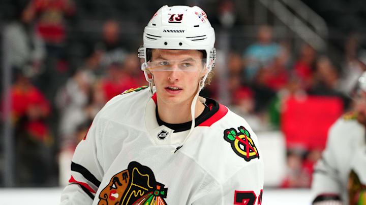 Feb 27, 2025; Las Vegas, Nevada, USA; Chicago Blackhawks left wing Lukas Reichel (73) warms up before a game against the Vegas Golden Knights at T-Mobile Arena. Mandatory Credit: Stephen R. Sylvanie-Imagn Images