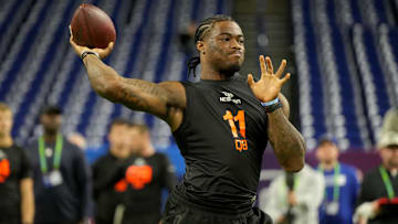 Mar 1, 2025; Indianapolis, IN, USA; Alabama quarterback Jalen Milroe (QB11) during the 2025 NFL Combine at Lucas Oil Stadium. Mandatory Credit: Kirby Lee-Imagn Images