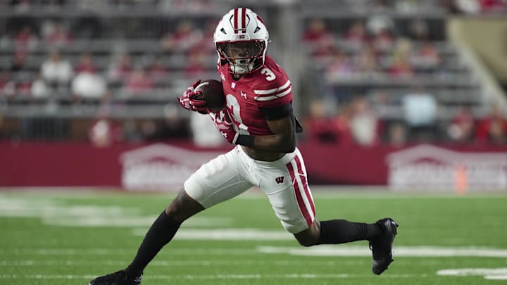 Aug 28, 2025; Madison, Wisconsin, USA;  Wisconsin Badgers wide receiver Tyrell Henry (3) during the game against the Miami (OH) RedHawks at Camp Randall Stadium. Mandatory Credit: Jeff Hanisch-Imagn Images