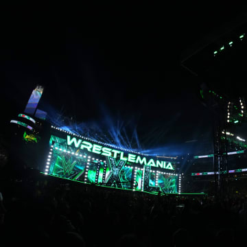 Apr 7, 2024; Philadelphia, PA, USA; 	WWE Universal Championship match between Roman Reigns and Cody Rhodes during WrestleMania XL Sunday at Lincoln Financial Field.