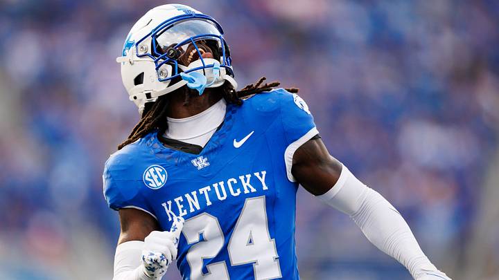 Sep 6, 2025; Lexington, Kentucky, USA; Kentucky Wildcats defensive back Jaden Smith (24) reacts after a punt during the third quarter against the Mississippi Rebels at Kroger Field. Mandatory Credit: Jordan Prather-Imagn Images