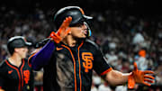 Jul 3, 2025; Phoenix, Arizona, USA; San Francisco Giants shortstop Willy Adames (2) celebrates during the seventh inning during a game between the Arizona Diamondbacks and the San Francisco Giants at Chase Field. 