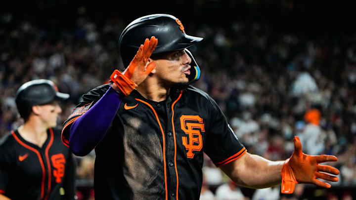 Jul 3, 2025; Phoenix, Arizona, USA; San Francisco Giants shortstop Willy Adames (2) celebrates during the seventh inning during a game between the Arizona Diamondbacks and the San Francisco Giants at Chase Field. Jul 3, 2025; Phoenix, Arizona, USA; San Francisco Giants shortstop Willy Adames (2) celebrates during the seventh inning during a game between the Arizona Diamondbacks and the San Francisco Giants at Chase Field.