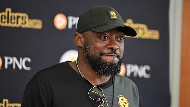Jul 23, 2025; Latrobe, PA, USA;  Pittsburgh Steelers head coach Mike Tomlin speaks to the media during training camp at Saint Vincent College . Mandatory Credit: Barry Reeger-Imagn Images