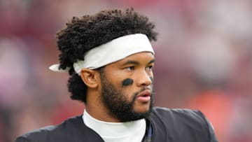 Oct 5, 2025; Glendale, Arizona, USA; Arizona Cardinals quarterback Kyler Murray (1) warms up before their game against the Tennessee Titans at State Farm Stadium. Mandatory Credit: Joe Camporeale-Imagn Images