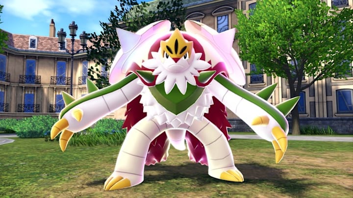 Mega Chesnaugh. A bulky humanoid Pokémon with white and green fur with spikes and shield-like pauldrons.