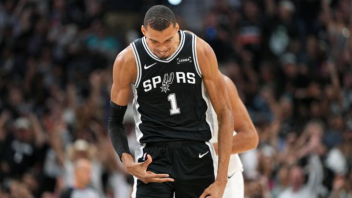 May 12, 2026; San Antonio, Texas, USA; San Antonio Spurs forward Victor Wembanyama (1) reacts after scoring a three point basket during the first half of game five of the second round of the 2026 NBA Playoffs against the Minnesota Timberwolves at Frost Bank Center. Mandatory Credit: Scott Wachter-Imagn Images