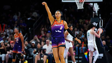 Mercury forward Satou Sabally (8) celebrates a three-pointer against the Liberty during a game at PHX Arena in Phoenix, on June 27, 2025.