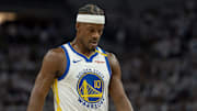 May 8, 2025; Minneapolis, Minnesota, USA; Golden State Warriors forward Jimmy Butler III (10) looks on against the Minnesota Timberwolves in the second half during game two of the second round for the 2025 NBA Playoffs at Target Center. Mandatory Credit: Jesse Johnson-Imagn Images