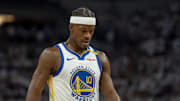 Golden State Warriors forward Jimmy Butler III looks on against the Minnesota Timberwolves during the 2025 NBA Playoffs.