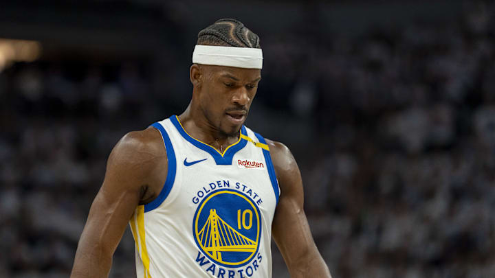 Golden State Warriors forward Jimmy Butler III looks on against the Minnesota Timberwolves during the 2025 NBA Playoffs.