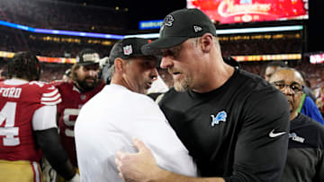 Detroit Lions head coach Dan Campbell (R) and San Francisco 49ers head coach Kyle Shanahan (L)