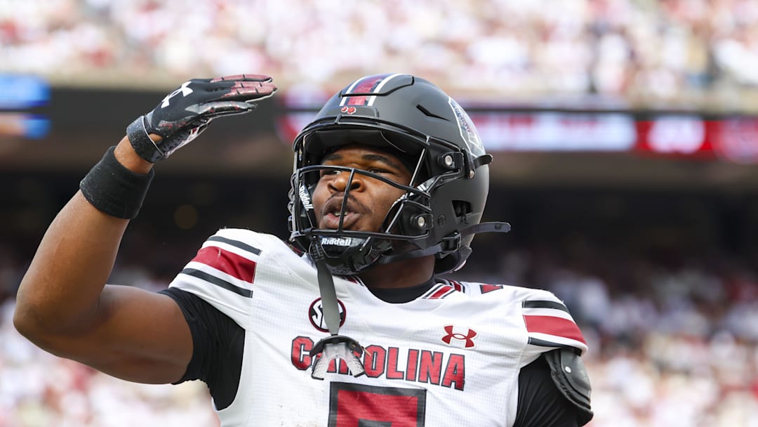 South Carolina Gamecocks defensive back Nick Emmanwori reacts after returning an interception.