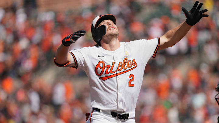 Sep 2, 2024; Baltimore, Maryland, USA; Baltimore Orioles shortstop Gunnar Henderson (2) reacts after crossing home plate following a first inning solo home run against the Chicago White Sox at Oriole Park at Camden Yards. 