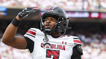 Oct 19, 2024; Norman, Oklahoma, USA;  South Carolina Gamecocks defensive back Nick Emmanwori (7) reacts after returning an interception for a touchdown during the first half against the Oklahoma Sooners at Gaylord Family-Oklahoma Memorial Stadium. Mandatory Credit: Kevin Jairaj-Imagn Images