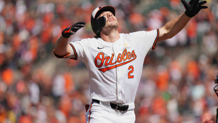 Sep 2, 2024; Baltimore, Maryland, USA; Baltimore Orioles shortstop Gunnar Henderson (2) reacts after crossing home plate following a first-inning solo home run against the Chicago White Sox at Oriole Park at Camden Yards.