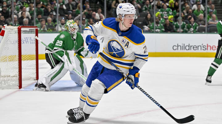 Apr 9, 2024; Dallas, Texas, USA; Buffalo Sabres defenseman Rasmus Dahlin (26) skates against the Dallas Stars during the third period at the American Airlines Center. Mandatory Credit: Jerome Miron-USA TODAY Sports