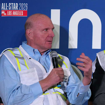 LA Clippers owner Steve Ballmer (left) and NBA commissioner Adam Silver speak during a press conference to announce the Intuit Dome as the site of the 2026 NBA All-Star Game. 