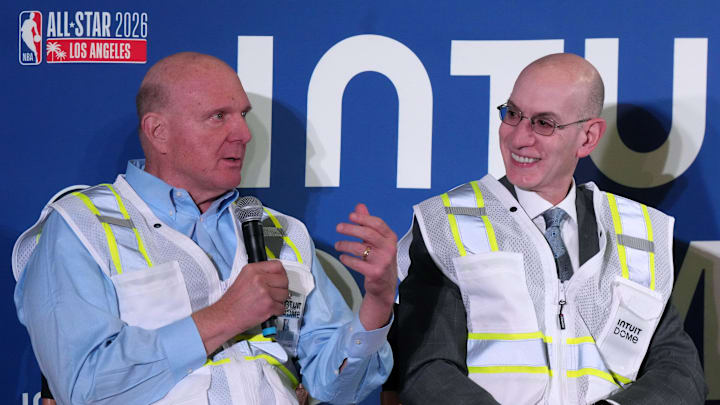 LA Clippers owner Steve Ballmer (left) and NBA commissioner Adam Silver speak during a press conference to announce the Intuit Dome as the site of the 2026 NBA All-Star Game. 