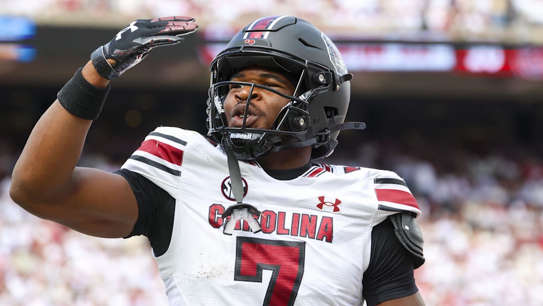 Oct 19, 2024; Norman, Oklahoma, USA;  South Carolina Gamecocks defensive back Nick Emmanwori (7) reacts after returning an interception for a touchdown during the first half against the Oklahoma Sooners at Gaylord Family-Oklahoma Memorial Stadium. Mandatory Credit: Kevin Jairaj-Imagn Images