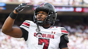 Oct 19, 2024; Norman, Oklahoma, USA;  South Carolina Gamecocks defensive back Nick Emmanwori (7) reacts after returning an interception for a touchdown during the first half against the Oklahoma Sooners at Gaylord Family-Oklahoma Memorial Stadium. Mandatory Credit: Kevin Jairaj-Imagn Images