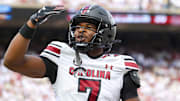 Oct 19, 2024; Norman, Oklahoma, USA;  South Carolina Gamecocks defensive back Nick Emmanwori (7) reacts after returning an interception for a touchdown during the first half against the Oklahoma Sooners at Gaylord Family-Oklahoma Memorial Stadium. Mandatory Credit: Kevin Jairaj-Imagn Images