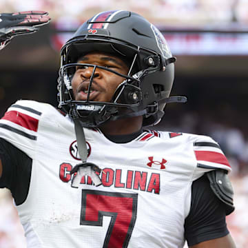 Oct 19, 2024; Norman, Oklahoma, USA;  South Carolina Gamecocks defensive back Nick Emmanwori (7) reacts after returning an interception for a touchdown during the first half against the Oklahoma Sooners at Gaylord Family-Oklahoma Memorial Stadium. Mandatory Credit: Kevin Jairaj-Imagn Images