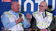 Jan 16, 2024; Inglewood, California, USA; LA Clippers owner Steve Ballmer (left) and NBA commissioner Adam Silver speak during a press conference to announce the Intuit Dome as the site of the 2026 NBA All-Star Game. Mandatory Credit: Kirby Lee-Imagn Images