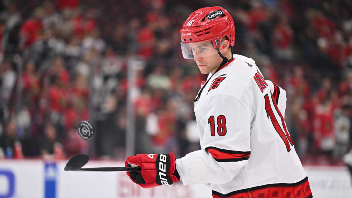 Apr 14, 2024; Chicago, Illinois, USA;  Carolina Hurricanes forward Jack Drury (18) warms up before a game against the Chicago Blackhawks at United Center. Mandatory Credit: Jamie Sabau-USA TODAY Sports