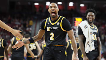 Missouri Tigers guard Tamar Bates (2) celebrates after a basket, in a game versus the Arkansas Razorbacks this season.