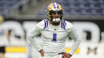 Jan 6, 2024; Houston, TX, USA; Washington Huskies quarterback Michael Penix Jr. (9) looks on during