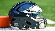 Oct 19, 2025; Minneapolis, Minnesota, USA; A general view of the Philadelphia Eagles helmet before the game against the Minnesota Vikings at U.S. Bank Stadium. Mandatory Credit: Jeffrey Becker-Imagn Images