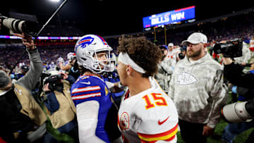 Josh Allen and Patrick Mahomes following the Bills' 30-21 win over the Chiefs in Week 11 of the 2024 season.