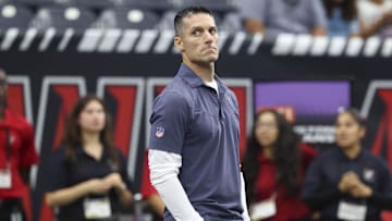 Aug 16, 2025; Houston, Texas, USA; Houston Texans general manager Nick Caserio stands on the field before the game against the Carolina Panthers at NRG Stadium.