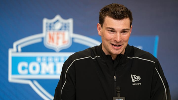 Feb 27, 2026; Indianapolis, IN, USA; Indiana quarterback Fernando Mendoza (QB11) speaks to members of the media during the NFL Combine at the Indiana Convention Center. Mandatory Credit: Jacob Musselman-Imagn Images