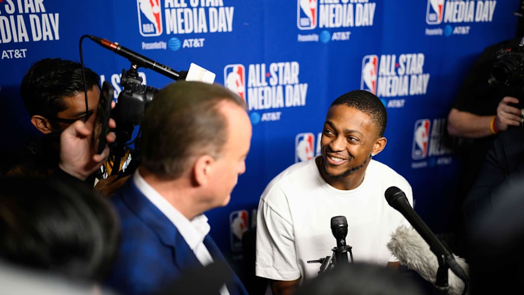 Feb 14, 2026; Inglewood, California, USA; De'Aaron Fox speaks during interviews at media day at Intuit Dome. Mandatory Credit: William Liang-Imagn Images