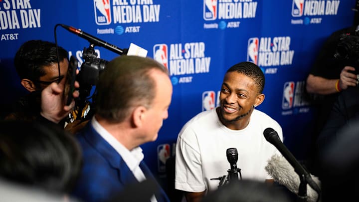 Feb 14, 2026; Inglewood, California, USA; De'Aaron Fox speaks during interviews at media day at Intuit Dome. Mandatory Credit: William Liang-Imagn Images