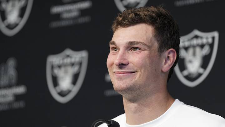 Las Vegas Raiders quarterback Fernando Mendoza speaks during a news conference at the team’s Rookie Minicamp.