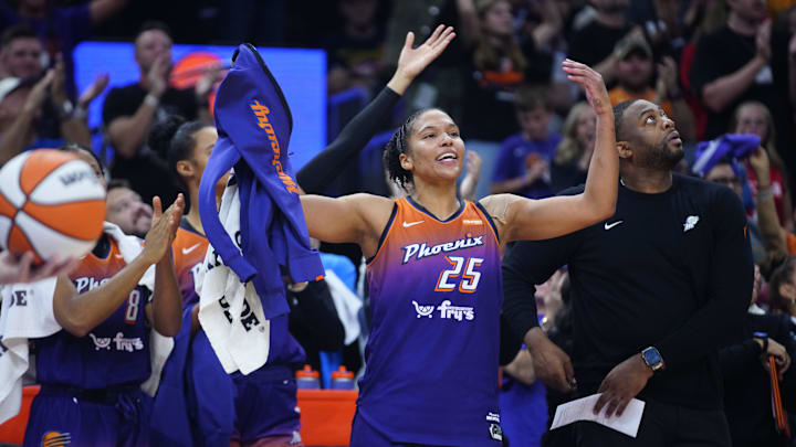 Mercury fans chant MVP for guard Alyssa Thomas (25) after she sets a WNBA record with 3 consecutive triple-doubles at PHX Arena in Phoenix on Aug. 7, 2025.
