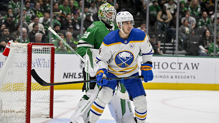 Apr 9, 2024; Dallas, Texas, USA; Buffalo Sabres center Dylan Cozens (24) skates in front of Dallas Stars goaltender Jake Oettinger (29) during the third period at the American Airlines Center. Mandatory Credit: Jerome Miron-Imagn Images