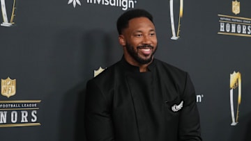 Feb 6, 2025; New Orleans, LA, USA;  Myles Garrett on the red carpet before Super Bowl LIX NFL Honors at Saenger Theatre. Mandatory Credit: Kirby Lee-Imagn Images
