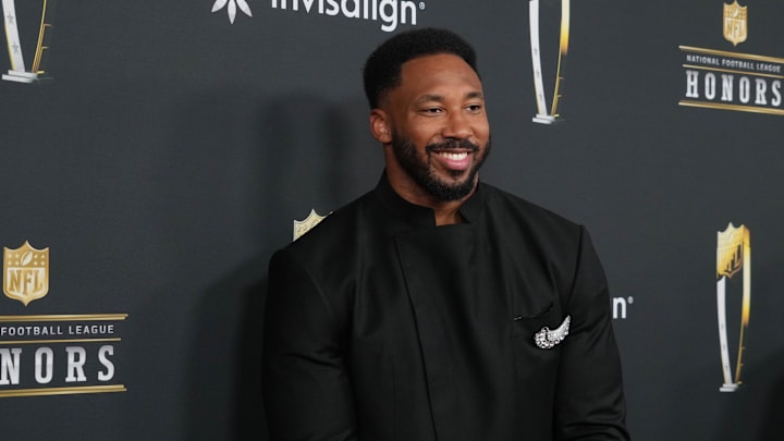 Feb 6, 2025; New Orleans, LA, USA;  Myles Garrett on the red carpet before Super Bowl LIX NFL Honors at Saenger Theatre. Mandatory Credit: Kirby Lee-Imagn Images
