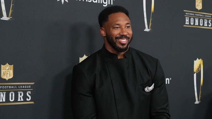 Feb 6, 2025; New Orleans, LA, USA; Myles Garrett on the red carpet before Super Bowl LIX NFL Honors at Saenger Theatre. Feb 6, 2025; New Orleans, LA, USA; Myles Garrett on the red carpet before Super Bowl LIX NFL Honors at Saenger Theatre.