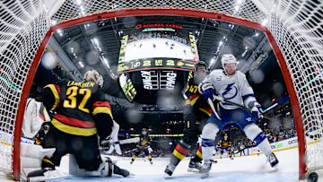 In-net view of Jake Guentzel's clutch goal against the Canucks on Sunday.