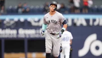Jun 30, 2024; Toronto, Ontario, CAN; New York Yankees designated hitter Aaron Judge (99) runs the bases after hitting a two run home run against the Toronto Blue Jays during the first inning at Rogers Centre.