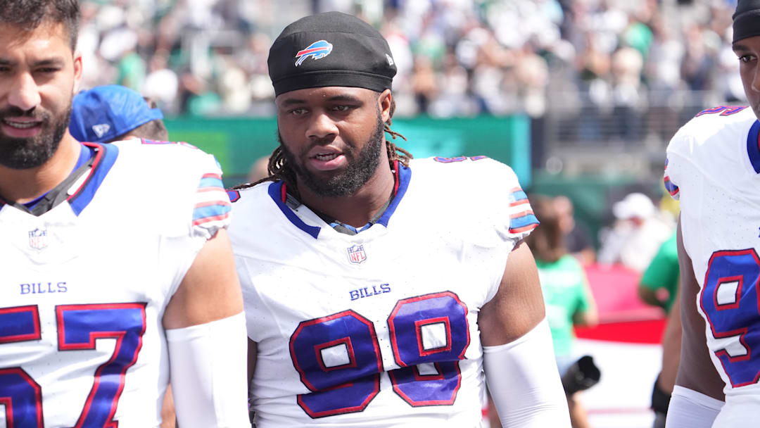 Sep 14, 2025; East Rutherford, New Jersey, USA;  Buffalo Bills defensive tackle Larry Ogunjobi (99) after the game against the New York Jets at MetLife Stadium. 